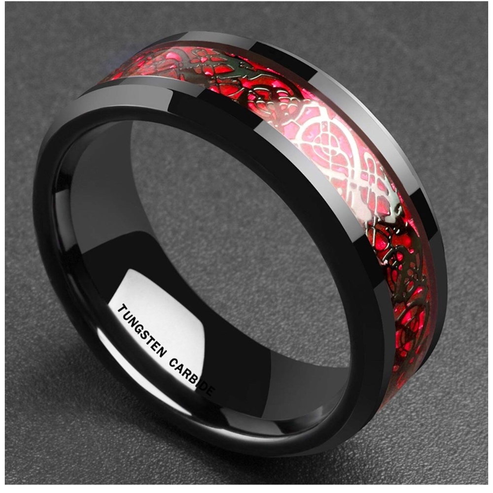 8mm Red Carbon Black Celtic Dragon Tungsten Ring